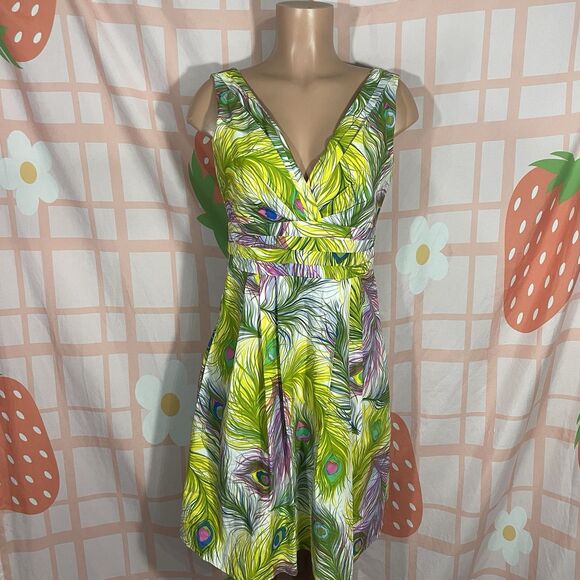 Nanette Lepore Peacock Print Dress W/Pockets Sz 6 Green Multi Lined Pleated - Picture 1 of 11